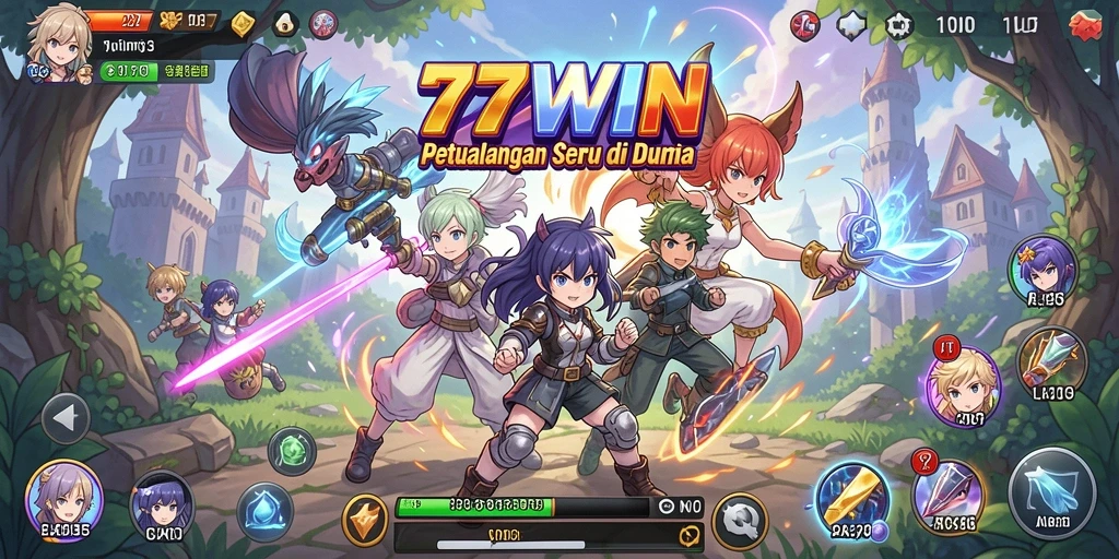 Tangkapan layar gameplay 77WIN menampilkan pertarungan karakter anime yang dinamis.