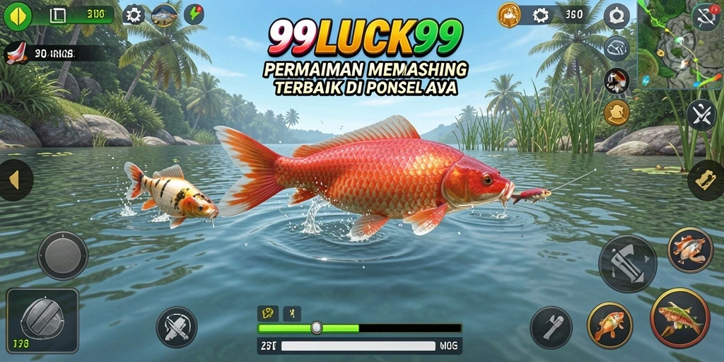 Gameplay seru dalam permainan memancing 99LUCK99 yang menampilkan aksi menangkap ikan.