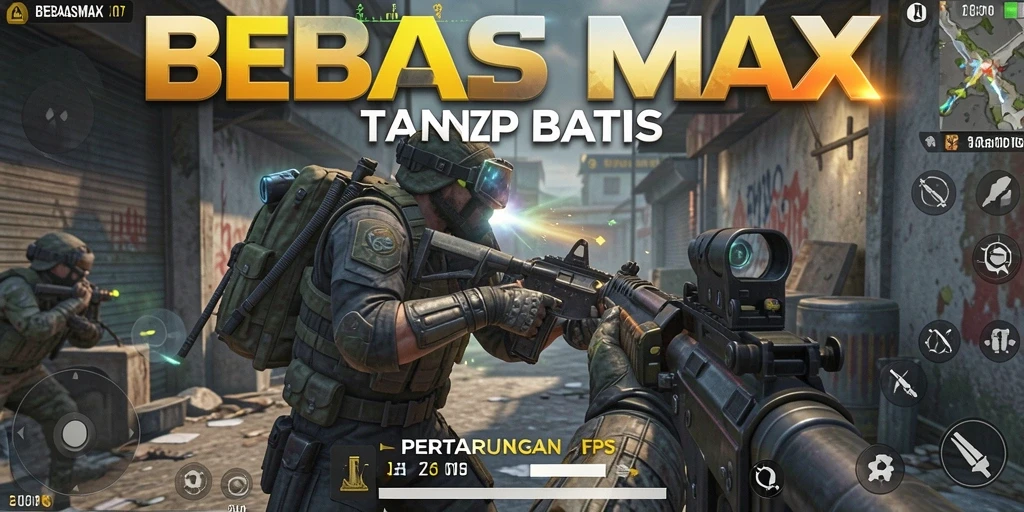 Screenshot gameplay BEBASMAX menampilkan pertarungan intens di peta yang menakjubkan.