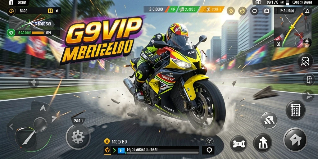 Screenshot G9VIP menampilkan aksi balap motor yang mendebarkan.