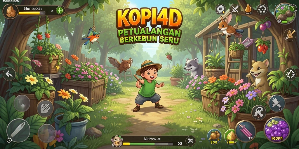 Screenshot gameplay KOPI4D menampilkan kebun yang subur dan aktif.