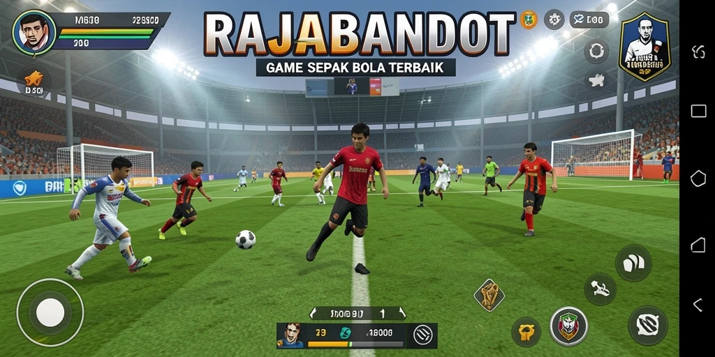 Tampilan gameplay menarik dalam RAJABANDOT dengan aksi sepak bola yang seru.